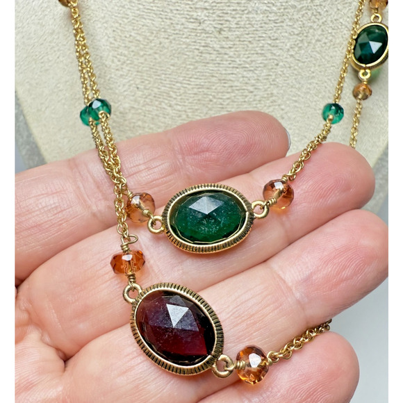 Vintage 40" Monet Gold Tone Jewel Tones Station Necklace Green Purple Faceted - Picture 4 of 6